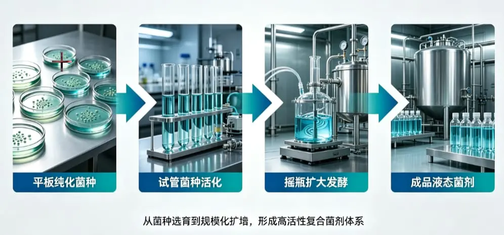 平板纯化、试管活化、摇瓶扩培到成品液态菌剂的培养路径。